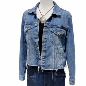 Lucky Brand Cropped Distressed Denim Jacket Women's Size L, Y2k, Classic